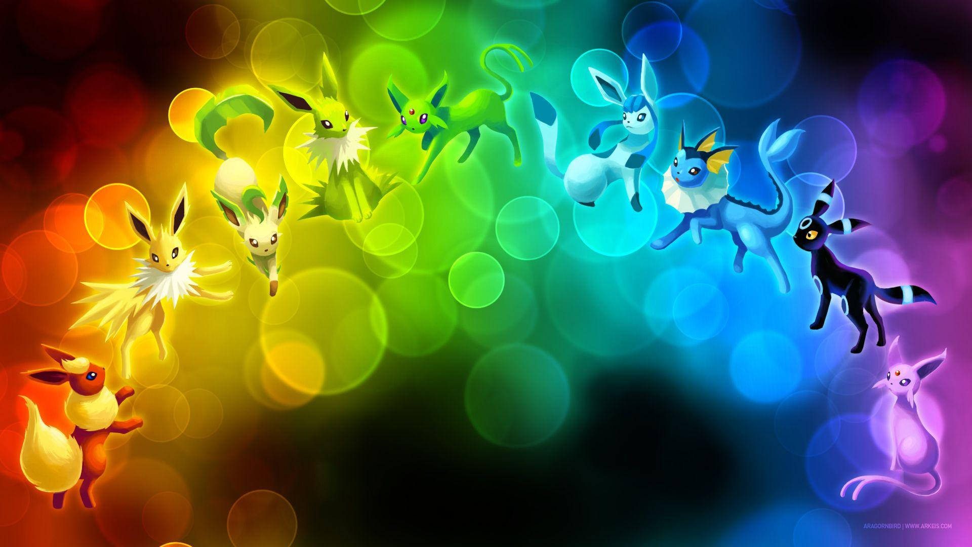 Leafeon And The Eevees In A Rainbow Background