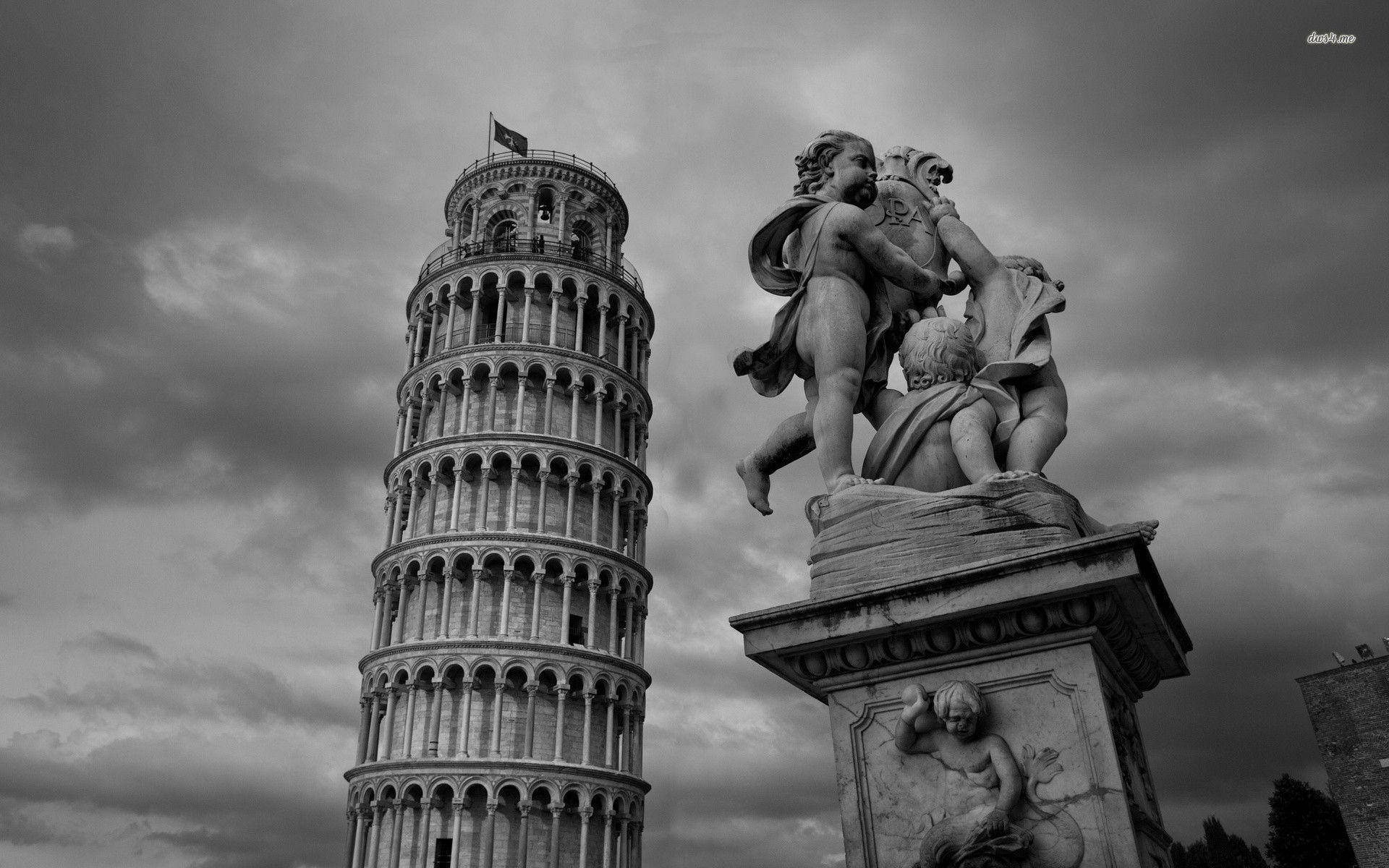 Leaning Tower Of Pisa And Sculpture Monochrome Background