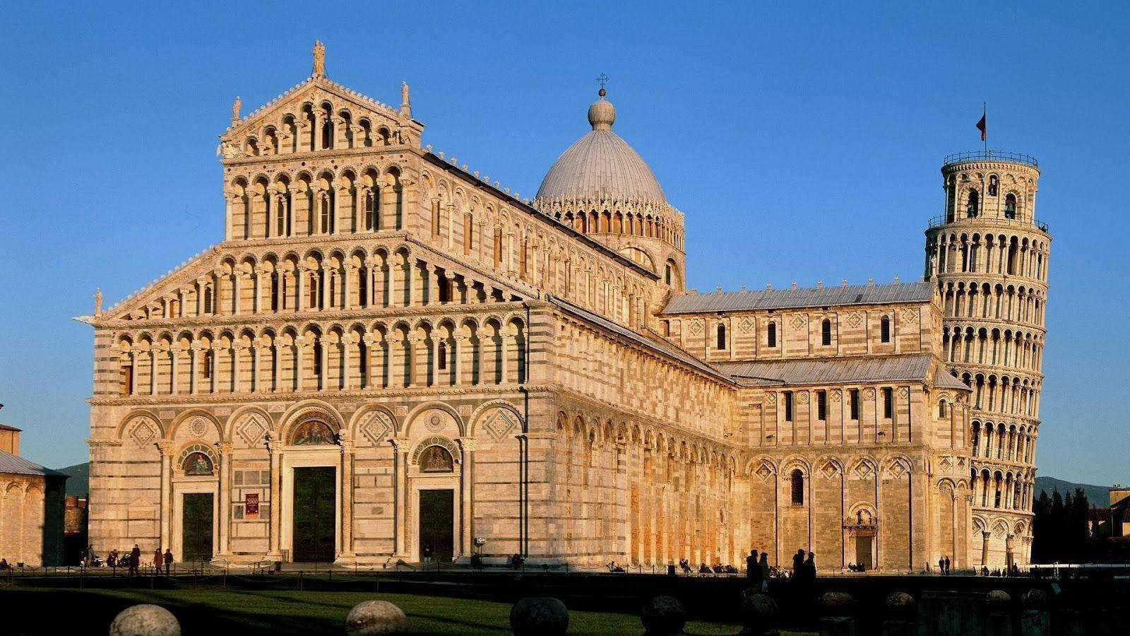 Leaning Tower Of Pisa Behind Cathedral Background