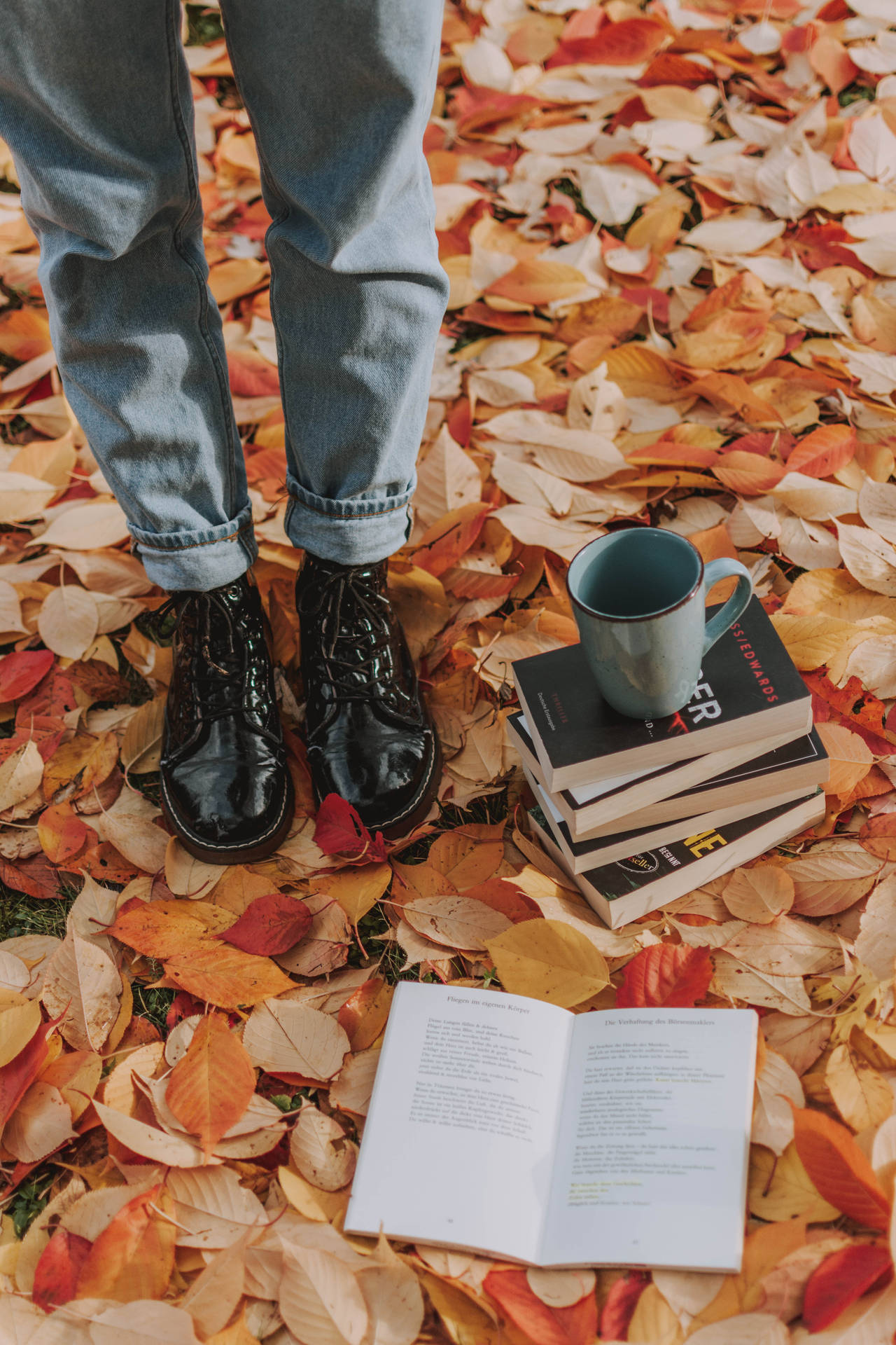 Leather Boots Fall Leaves Background