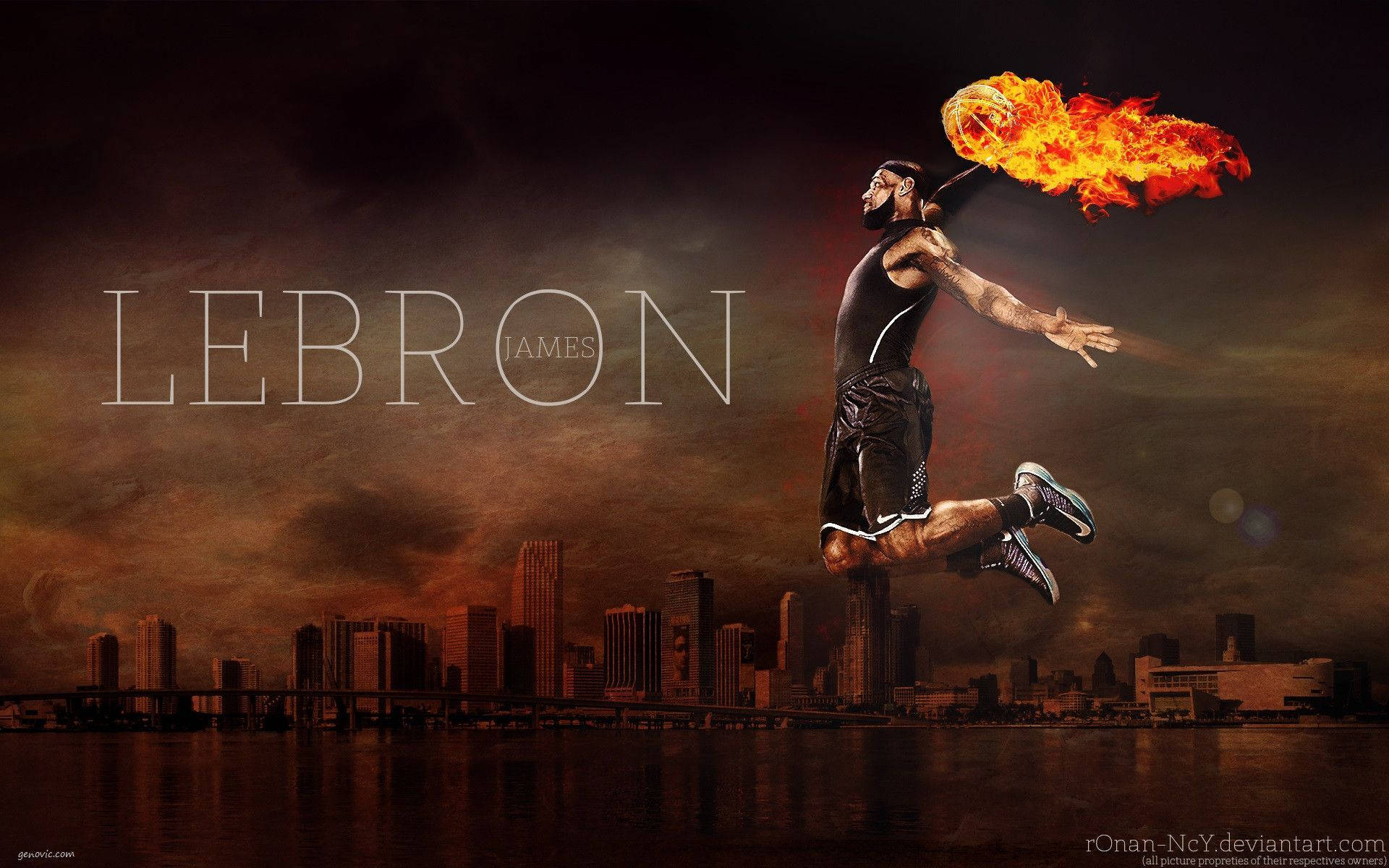 Lebron James Basketball Slam Dunk Ball On Fire Background