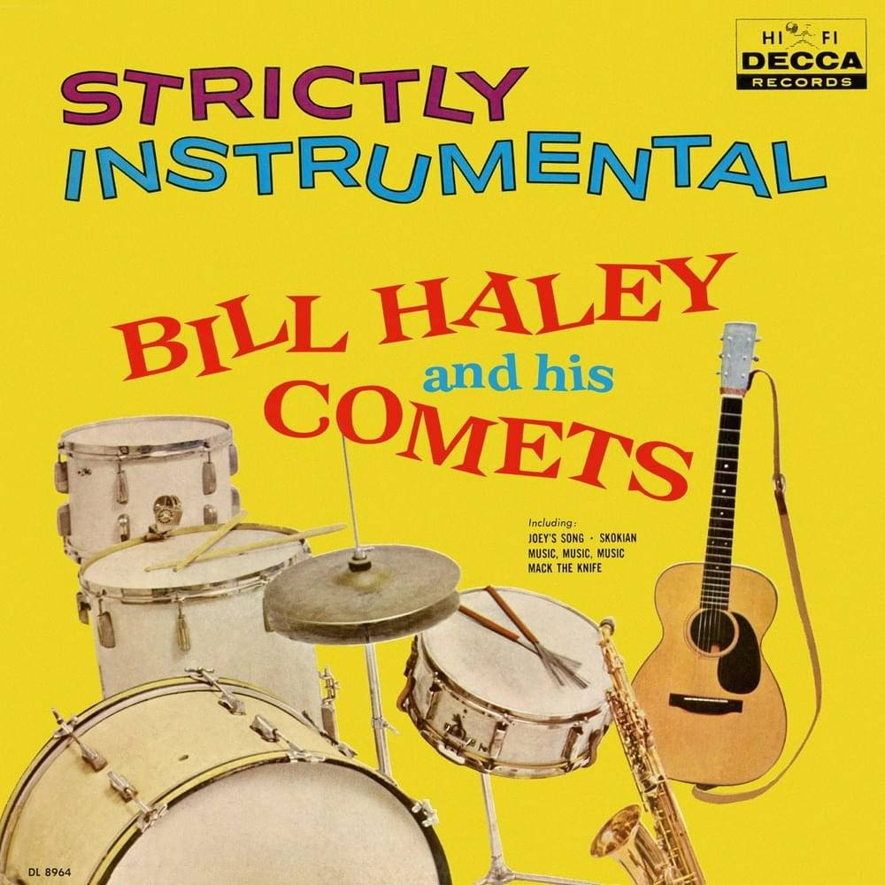 Legendary Bill Haley And The Comets Posing With Their Instruments And An Album. Background