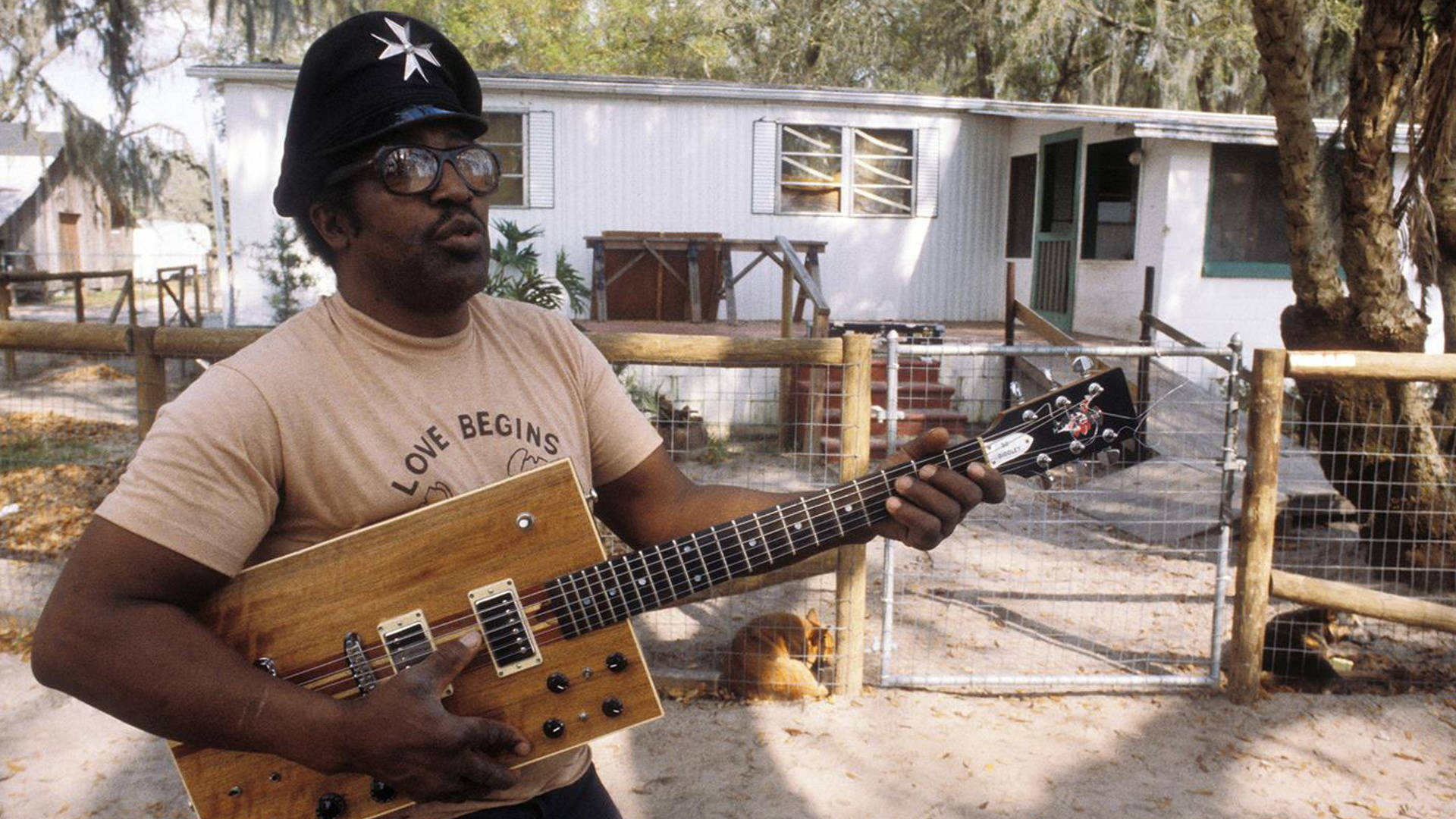 Legendary Blues Icon Bo Diddley Strumming His Wooden Guitar