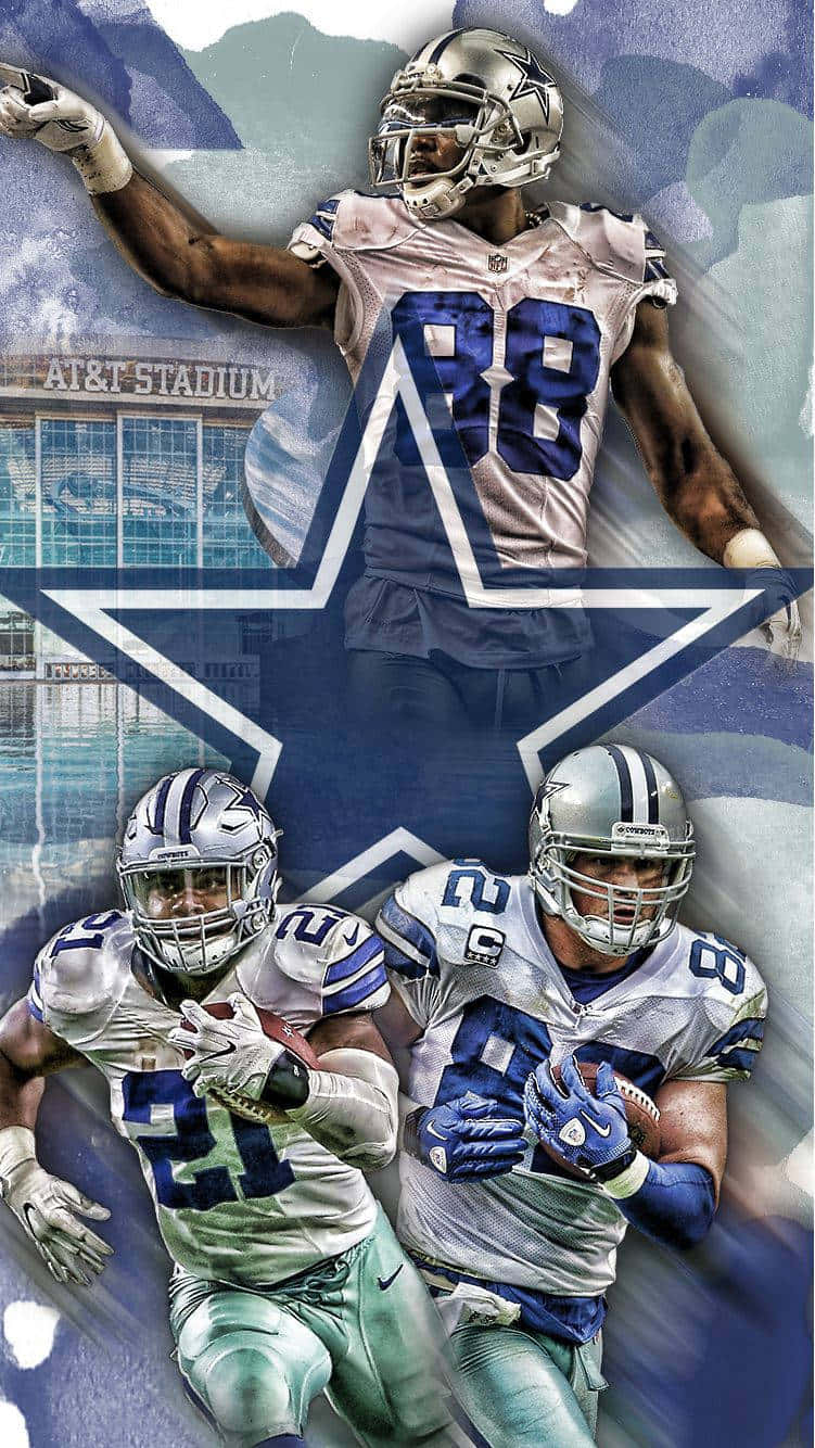 Legendary Dallas Cowboys Players Demarcus Lawrence, Ezekiel Elliott, And Dak Prescott Posing Ahead Of The Game Background