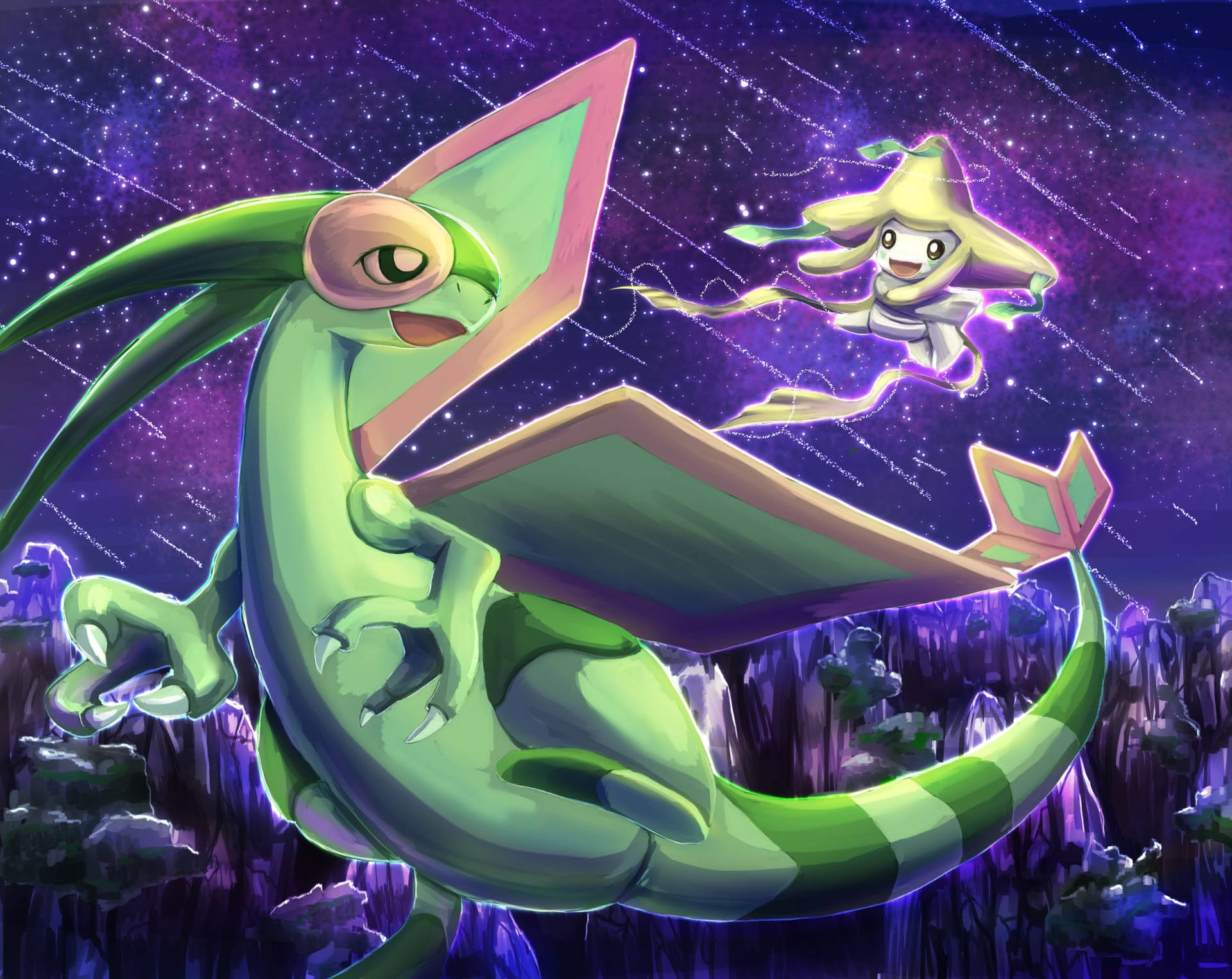 Legendary Encounter - Flygon And Jirachi In A Mesmerizing Standoff Background