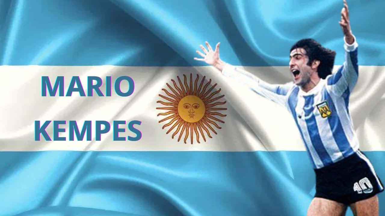 Legendary Mario Kempes Celebrating With Argentina Flag Background