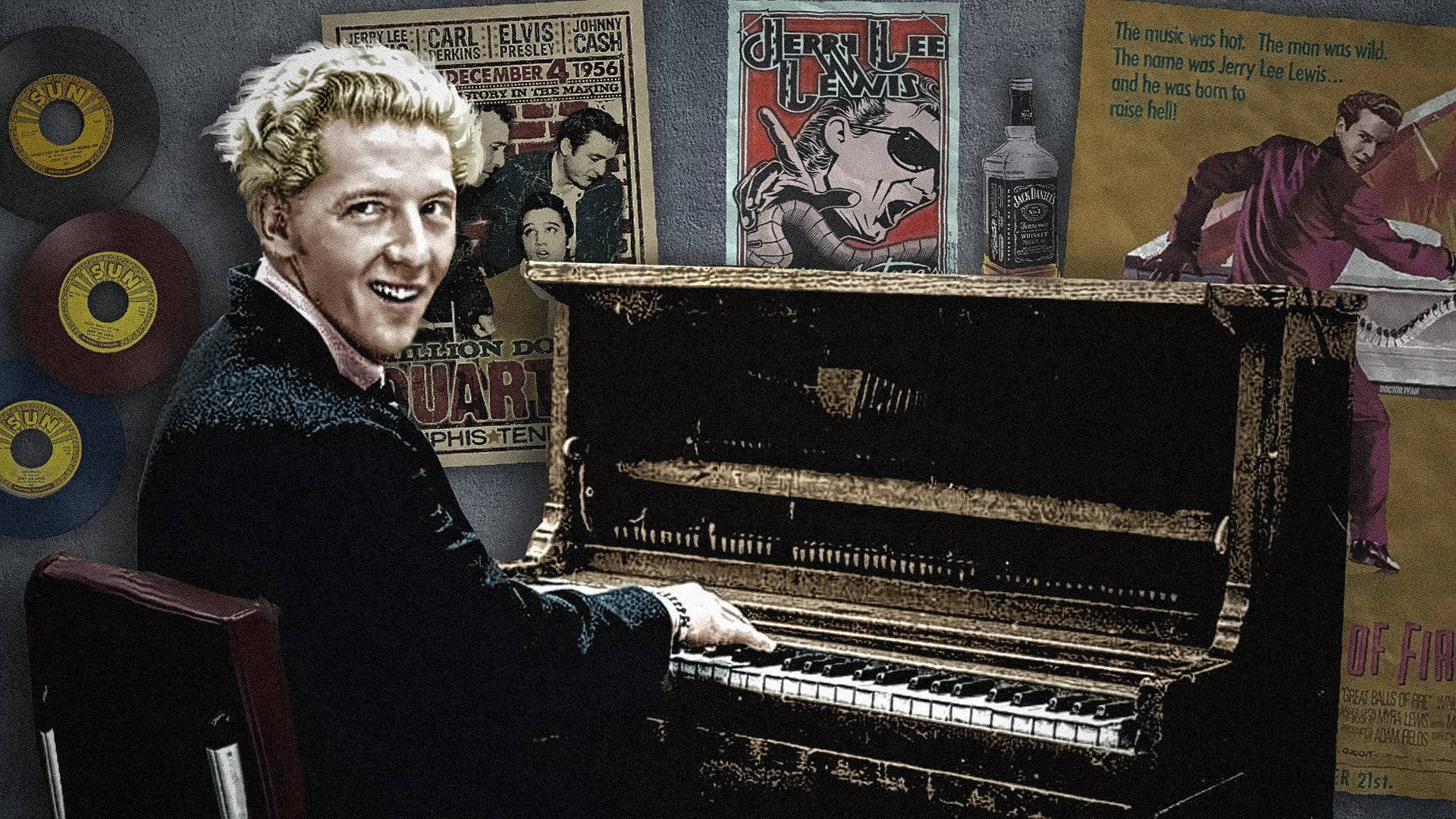 Legendary Rock N Roll Musician Jerry Lee Lewis With His Iconic Vinyl Collection Background