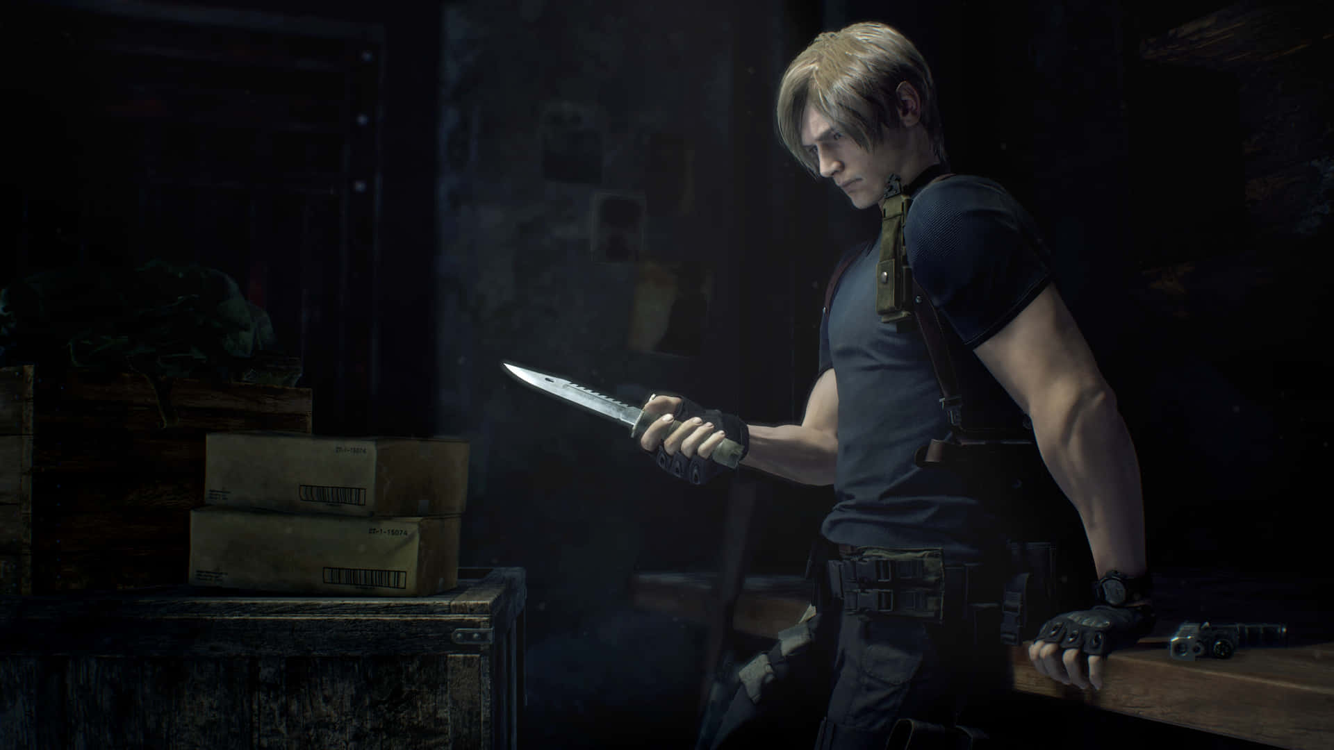 Leon Holding Knife In Resident Evil Background