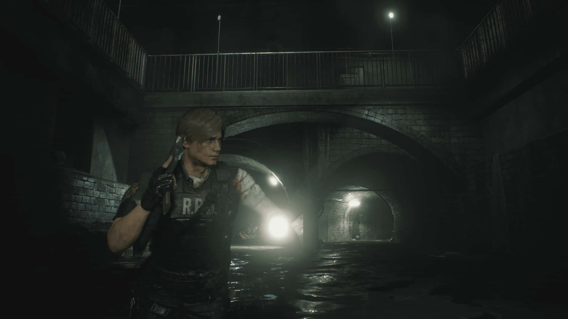 Leon Kennedy Protects Himself From A Zombie In Resident Evil 2 Background