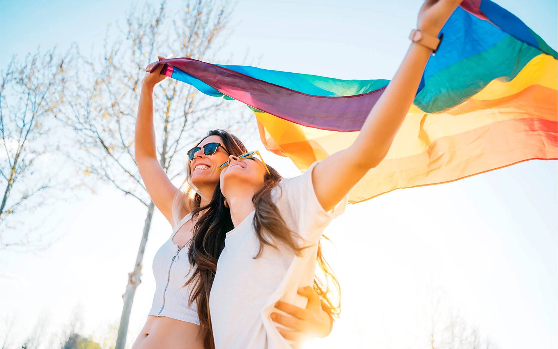 Lesbian Girl Couple Raising Flag Background