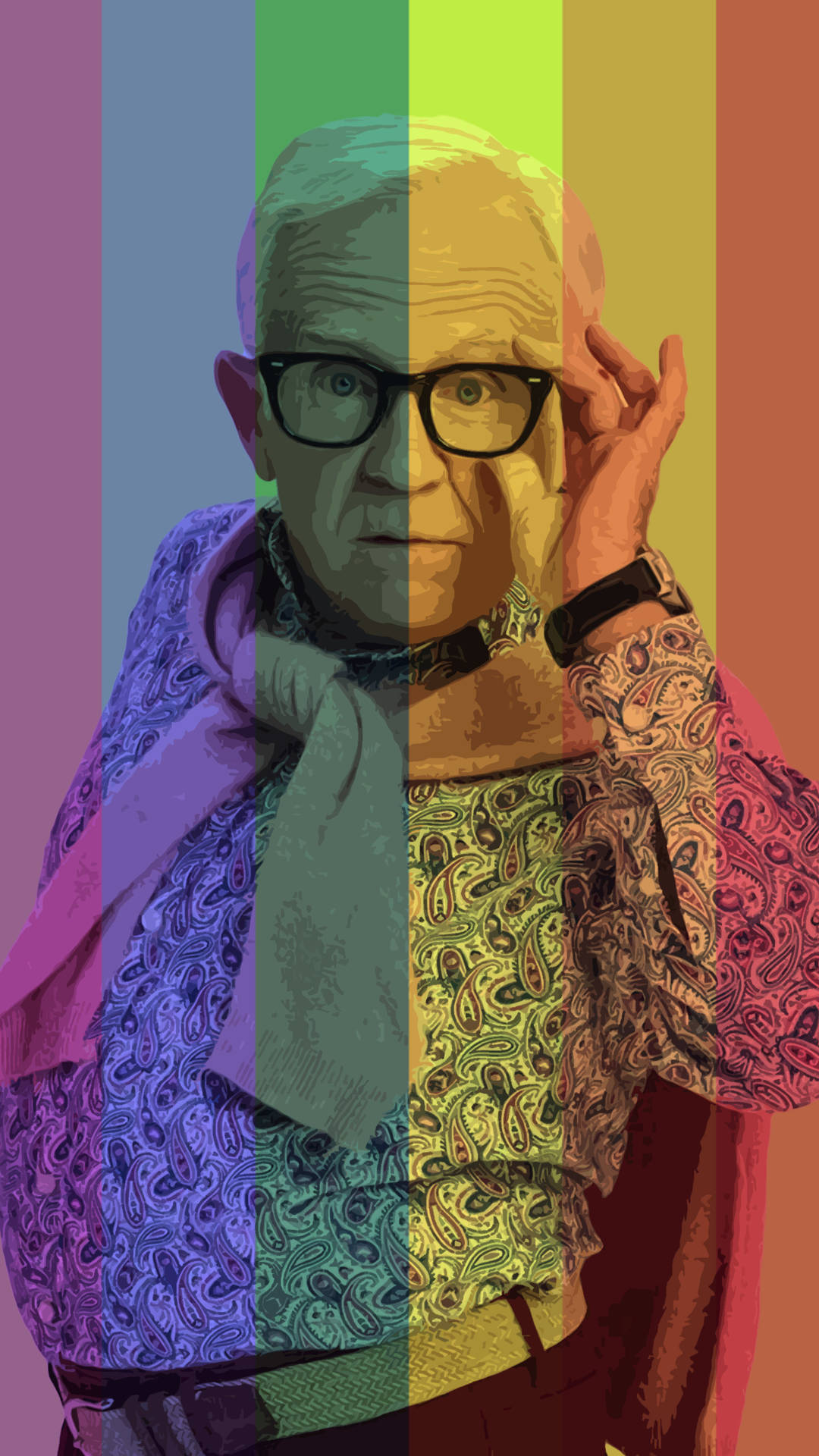 Leslie Jordan Glasses Rainbow Background