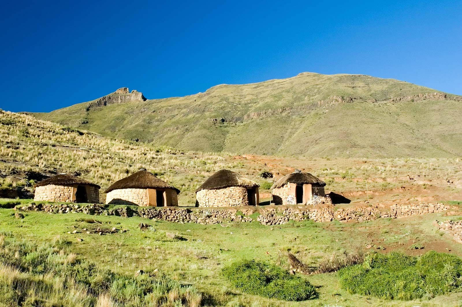 Lesotho Stone Houses Mountain Background