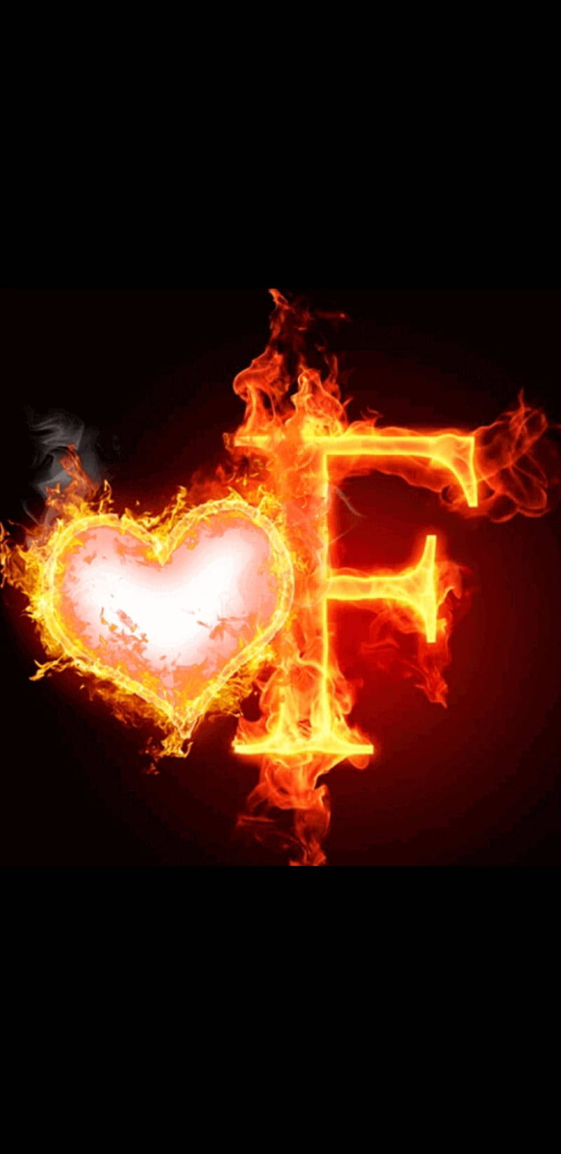Letter F And Heart On Fire Background