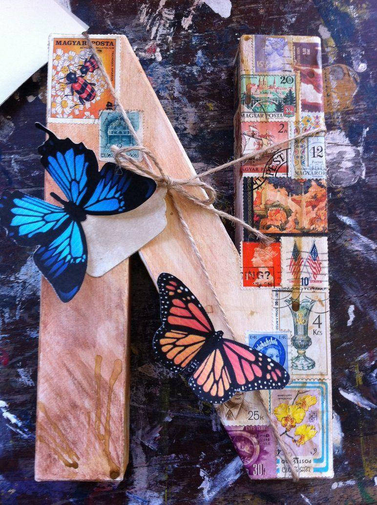 Letter N With Butterflies And Stamps Background