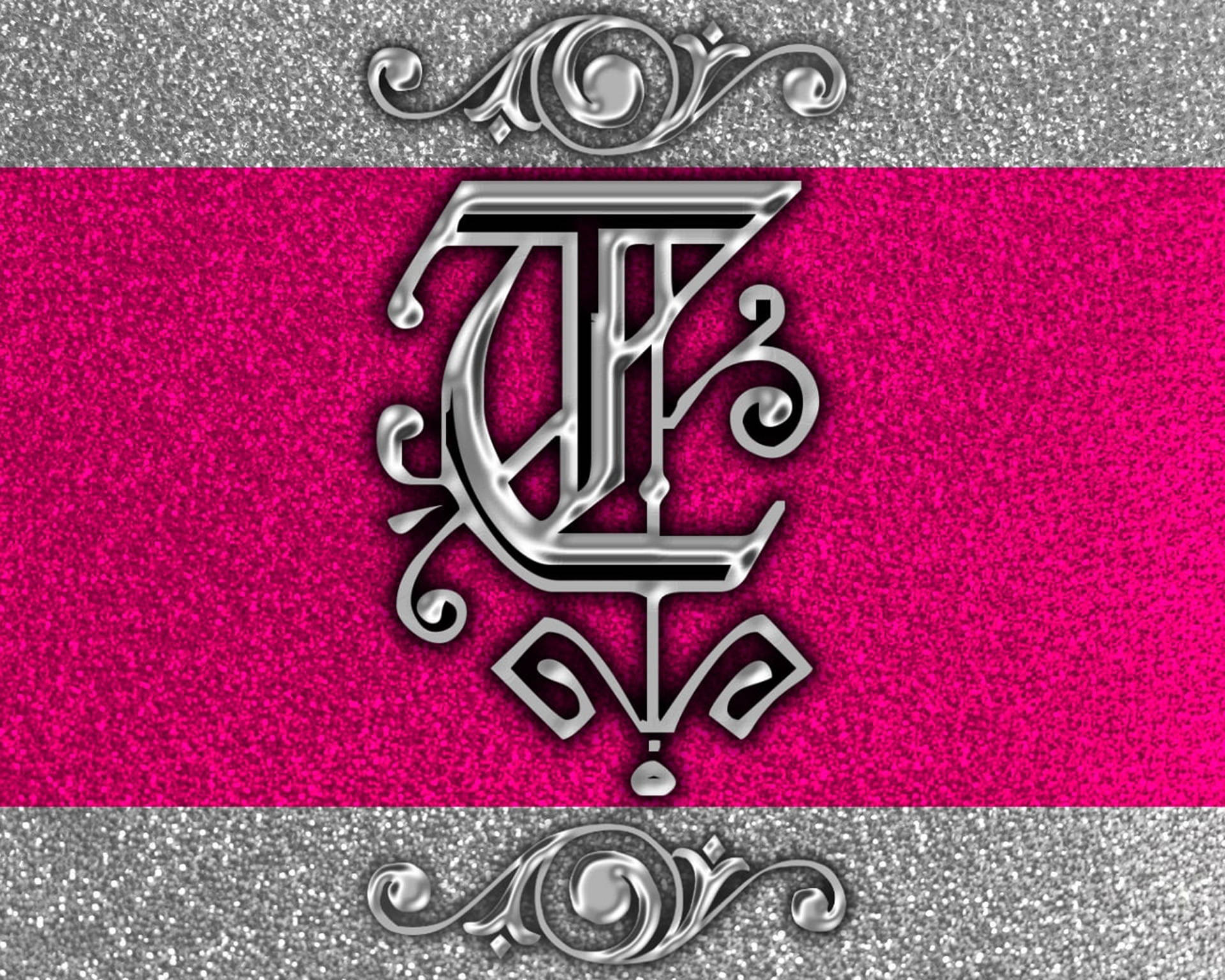 Letter T Pink Silver Glitter Background