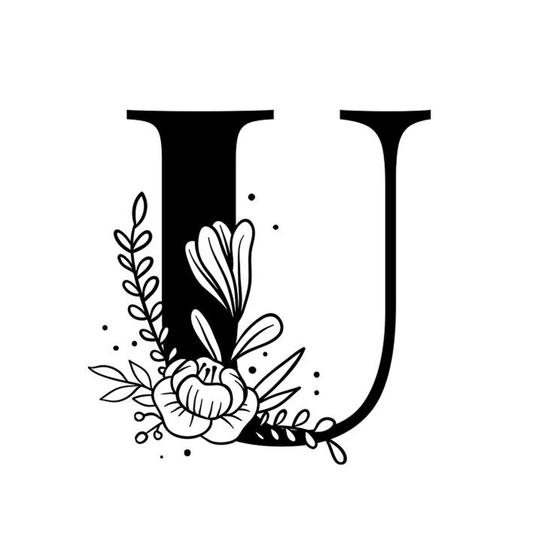 Letter U Black And White Floral