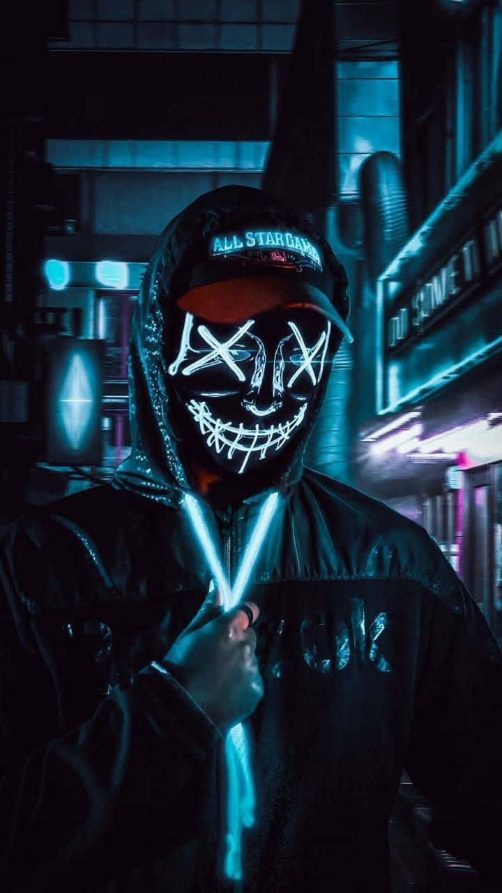 Light Blue Neon 4k Mask Man With Hoodie Background