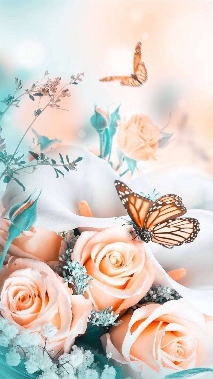 Light Orange Floral With Monarch Butterflies Background