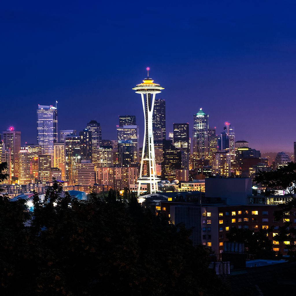 Lighted Space Needle Seattle Skyline Washington Background