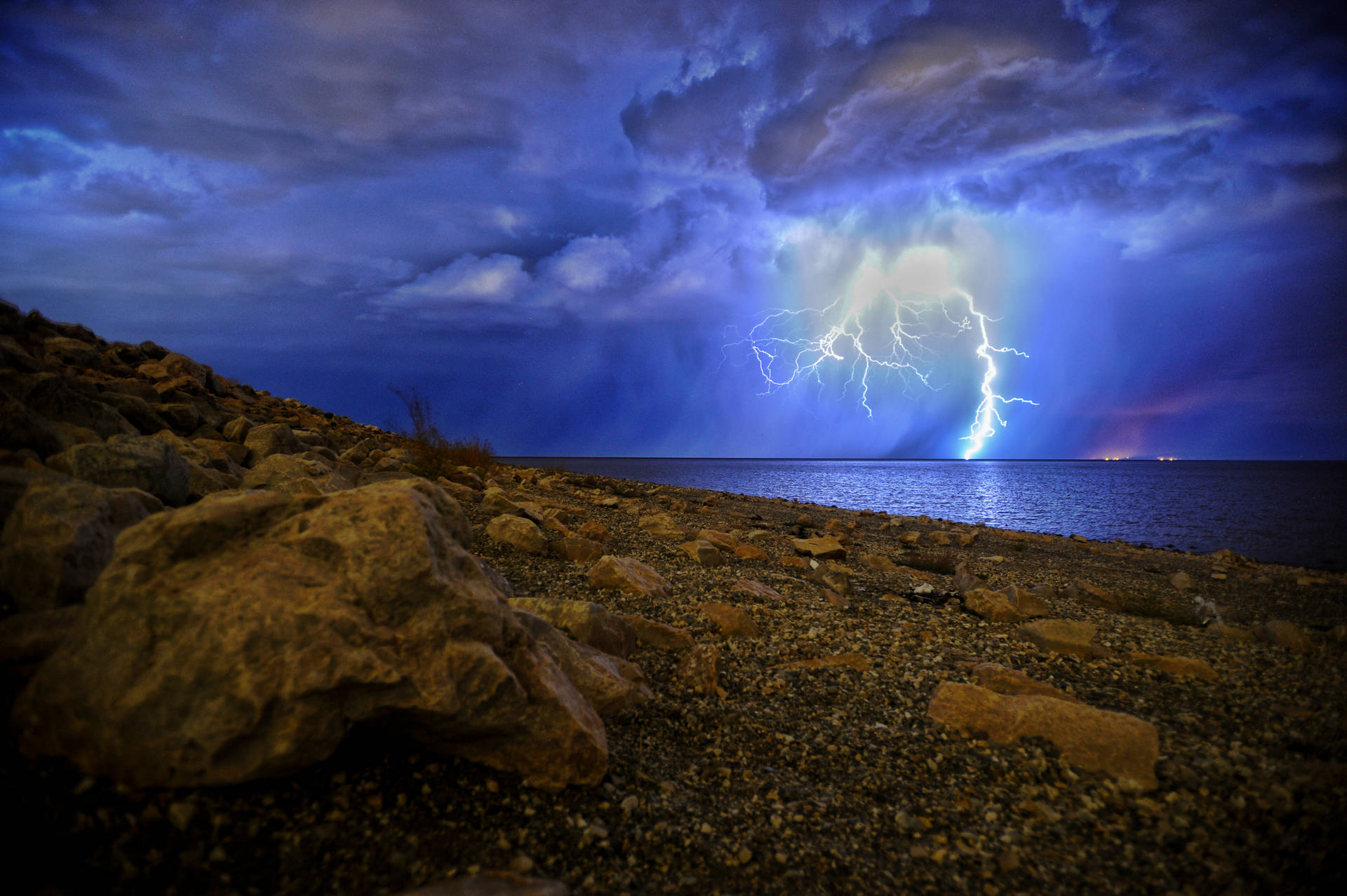Lightning Storm Near Lake Shore Background