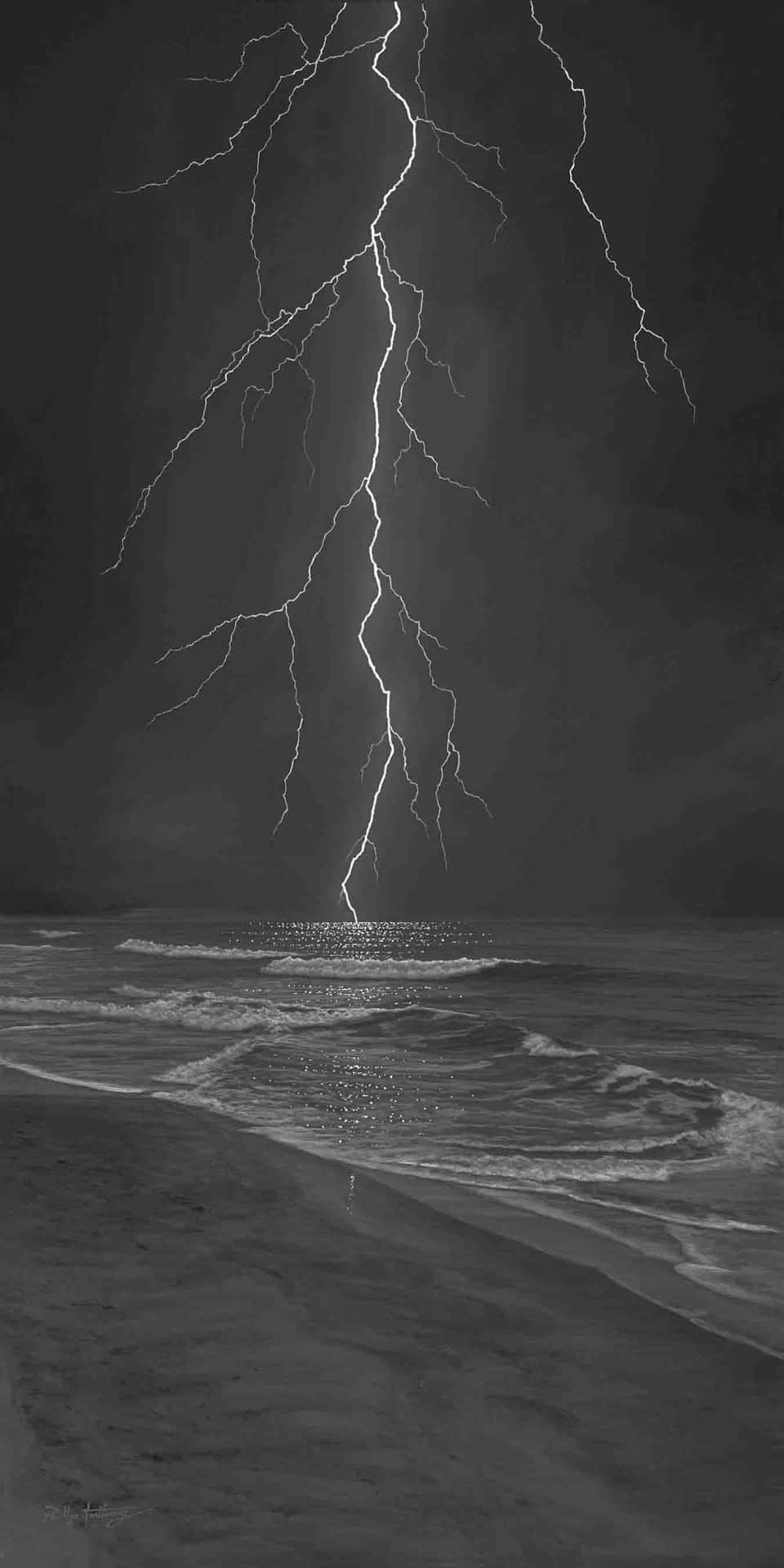 Lightning Strike Over Seain Blackand White Background