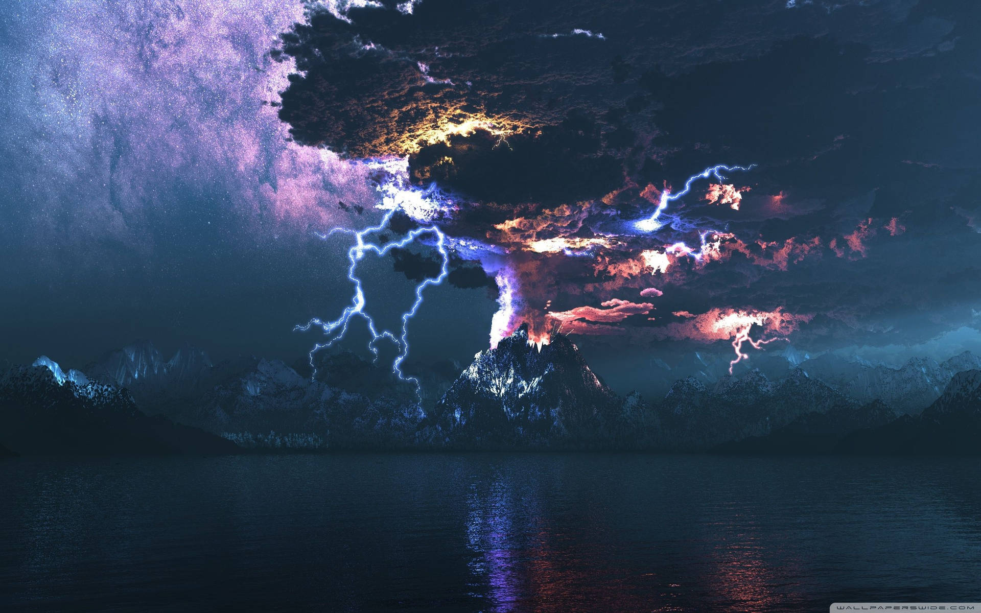 Lightning Strikes In Volcano Background