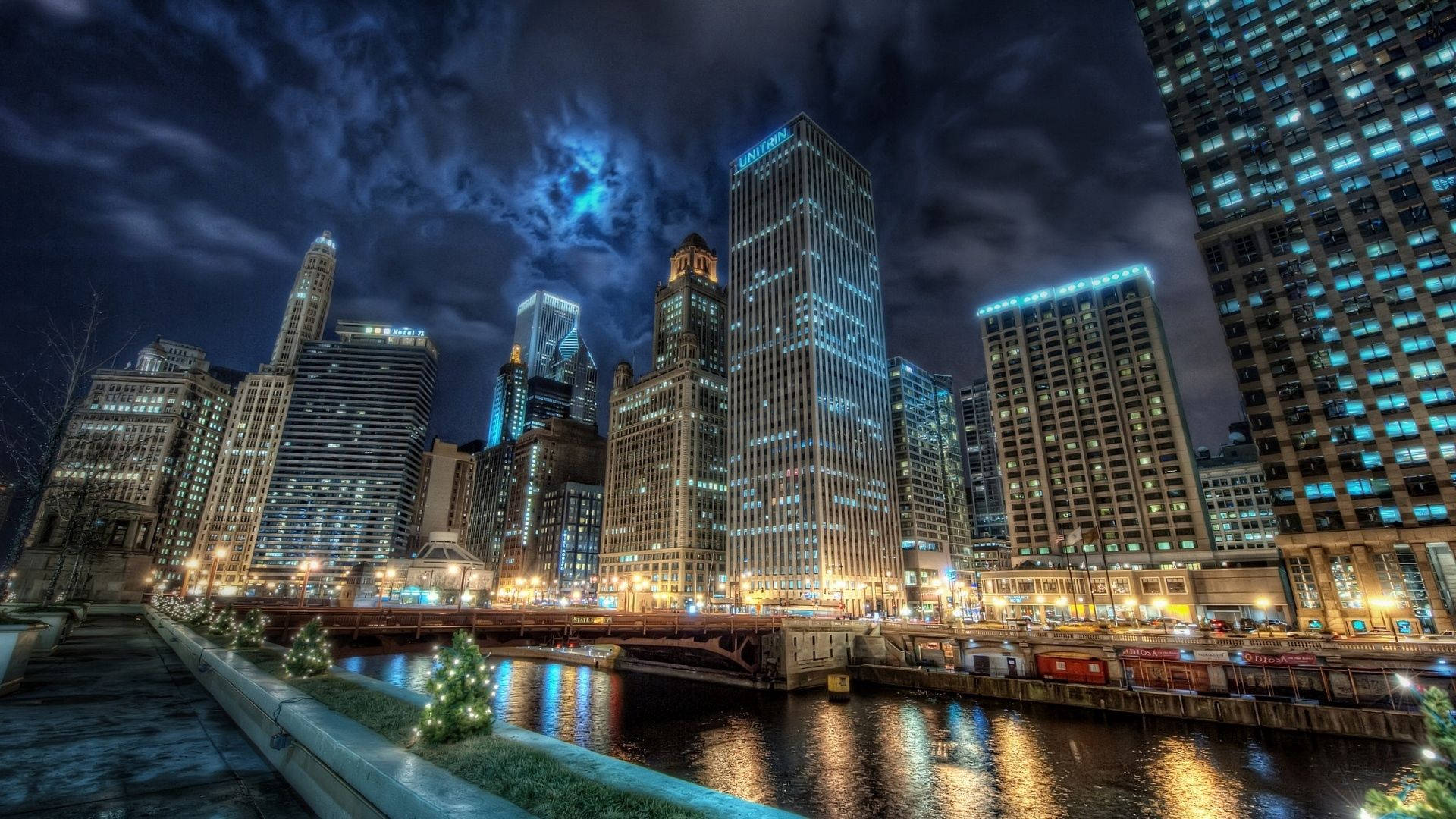 Lights On Bridge In Chicago Background