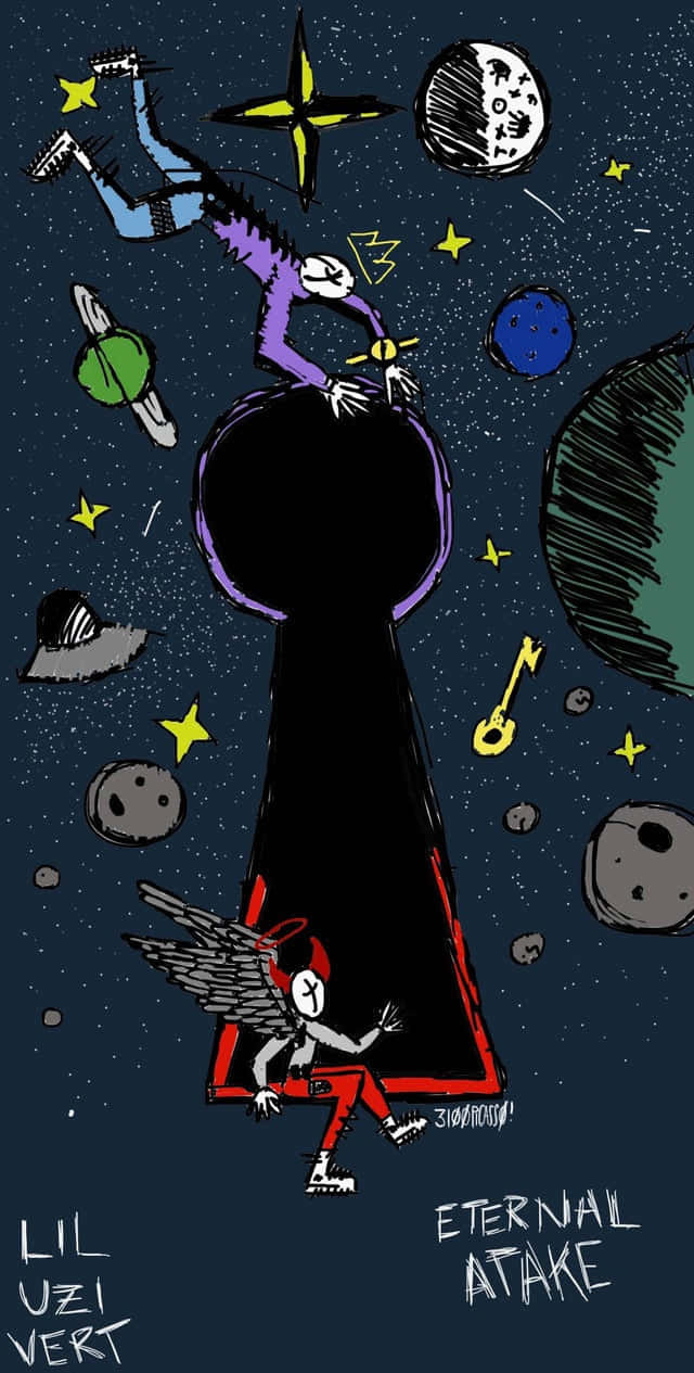 Lil Uzi Cartoon With Keyhole And Planets Background