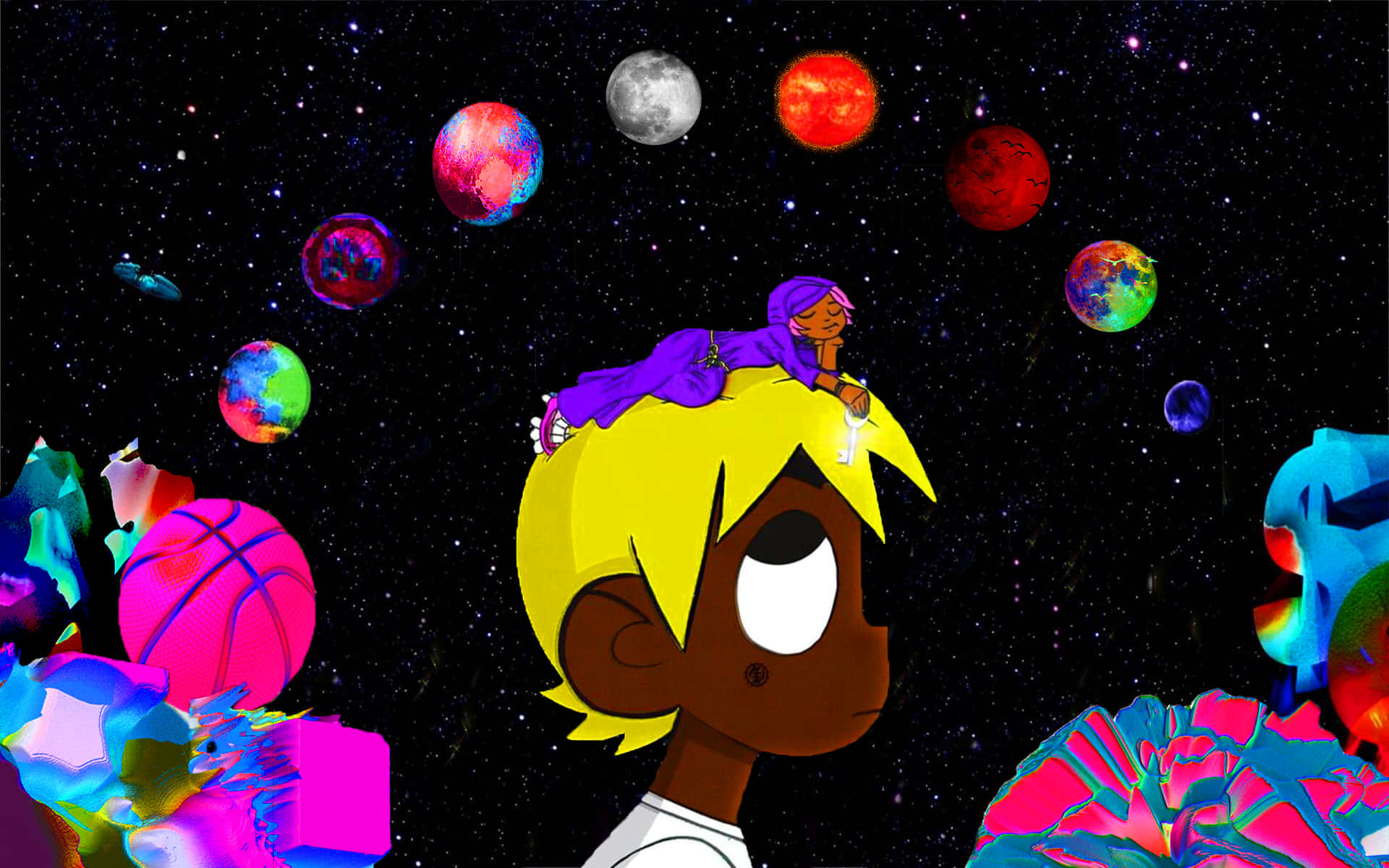 Lil Uzi Cartoon With Moon Phases Background