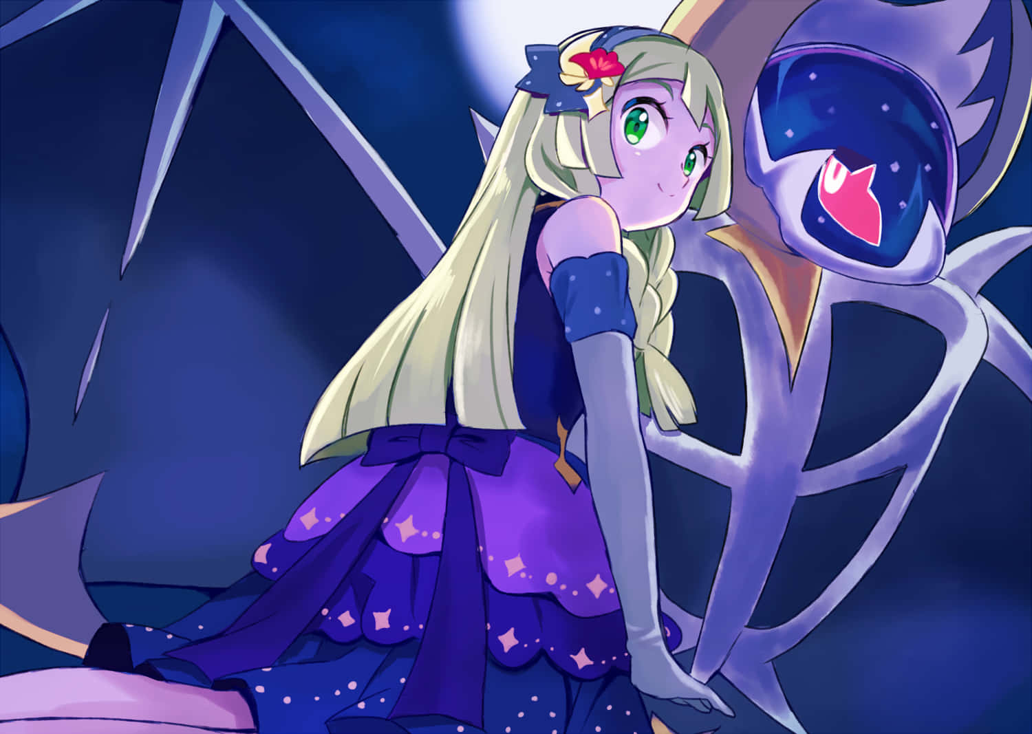 Lillie Wearing Gown With Lunala Background