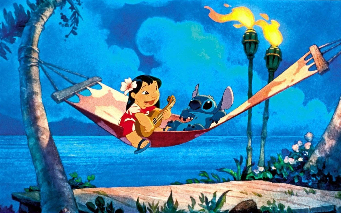 Lilo Stitch Jamming On A Hammock Background