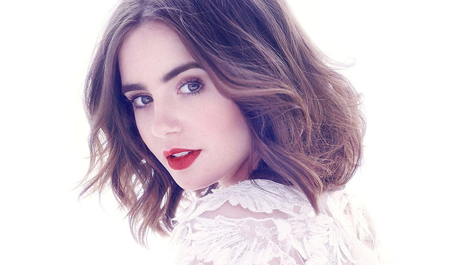Lily Collins Red Lips Background