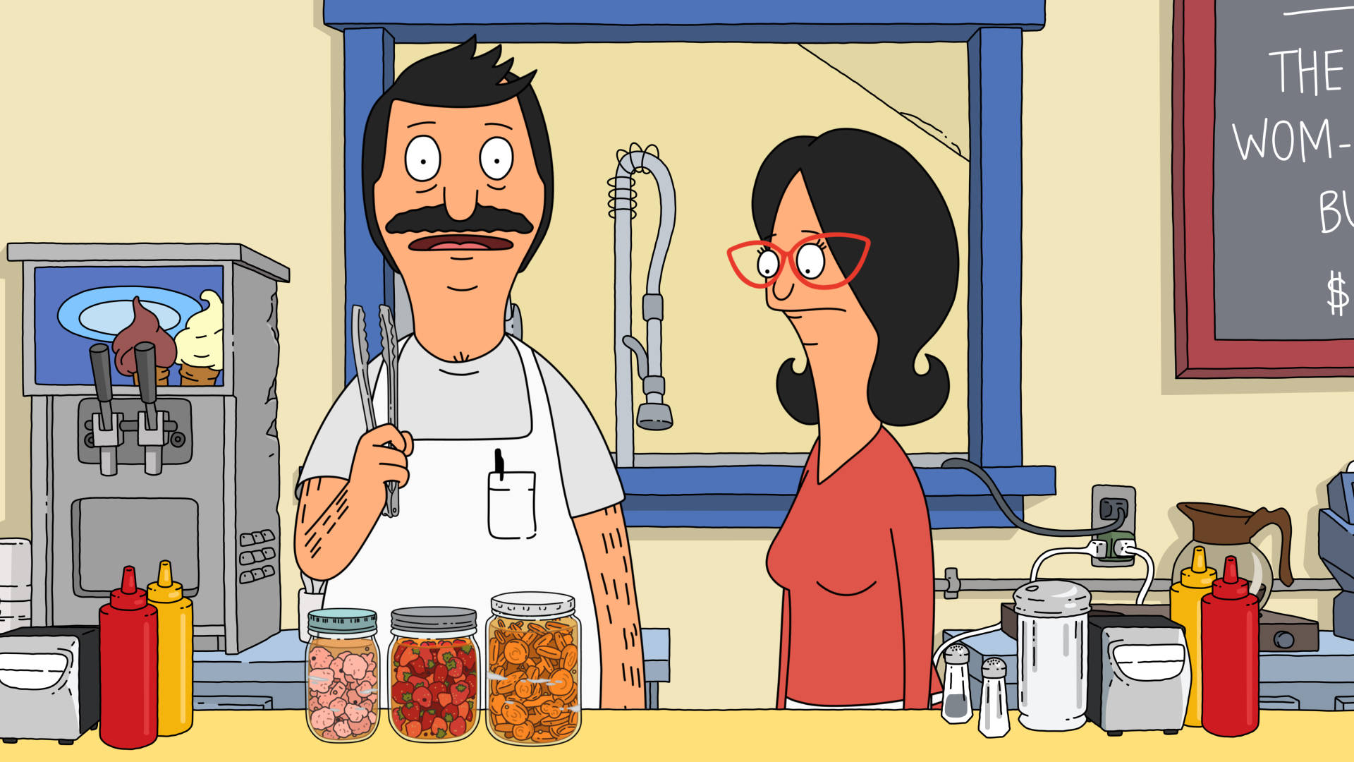 Linda And Bob In Bobs Burgers Kitchen Background