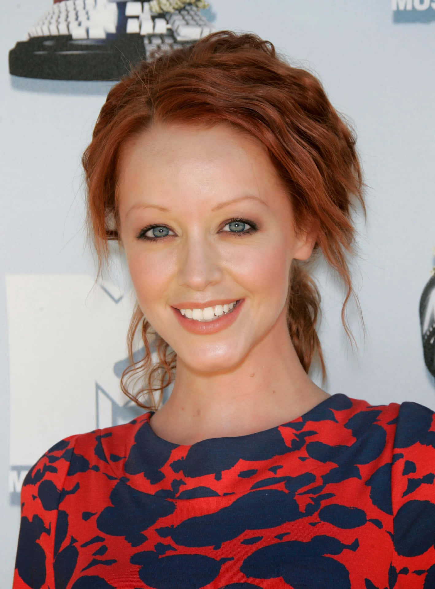 Lindy Booth Red Blue Dress Event Background