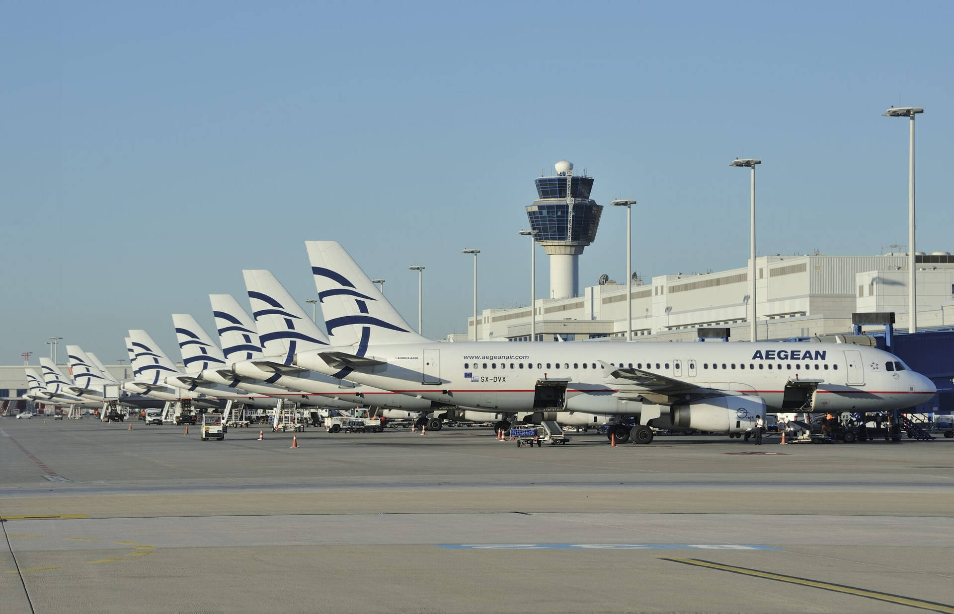 Lined Up Aegean Airlines Airbus A320 Planes