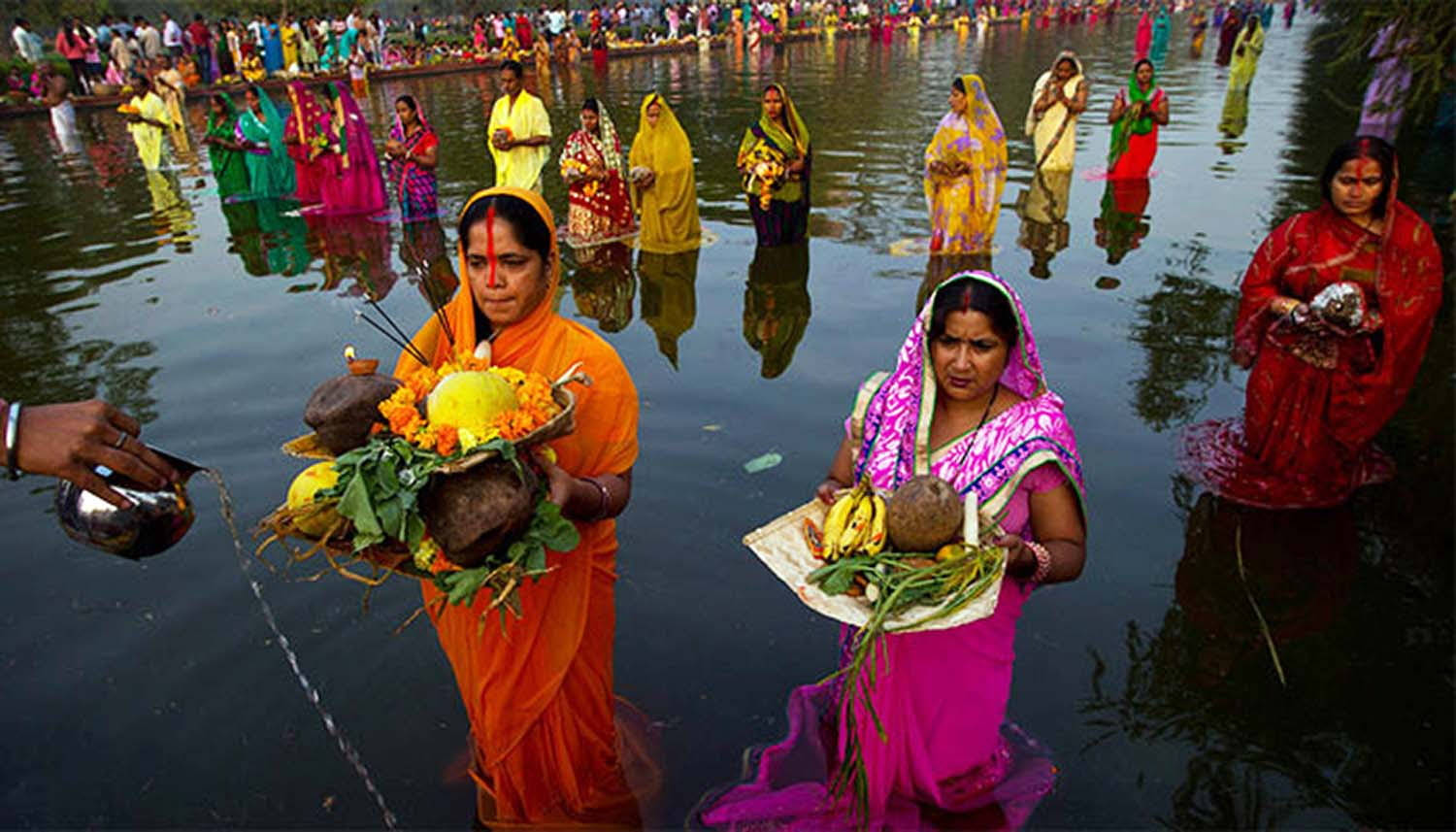 Lined Up Women In Ocean Chhath Puja