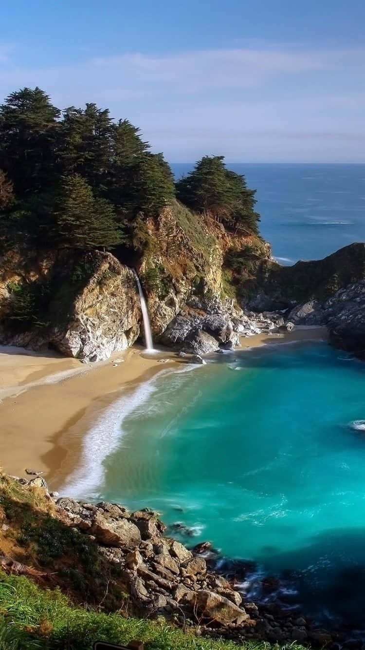 Listen To The Gentle Sounds Of Nature From The Top Of A Peaceful Waterfall. Background