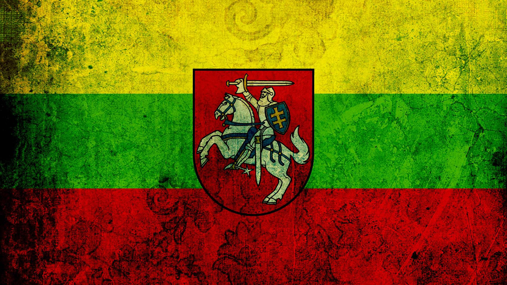 Lithuania Flag Coat Of Arms On Metal Surface Background