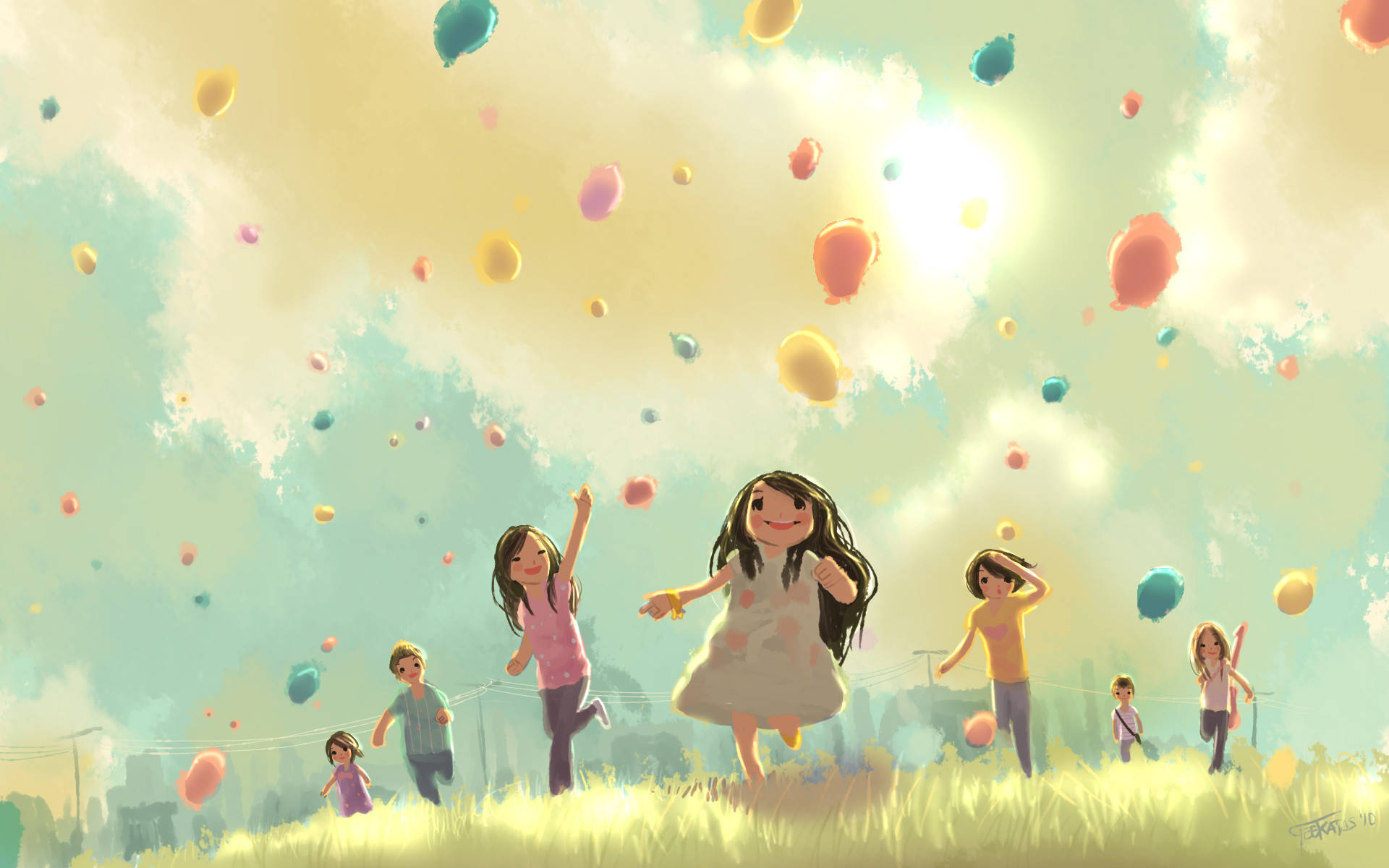 Little Children Chasing Colorful Balloons Background