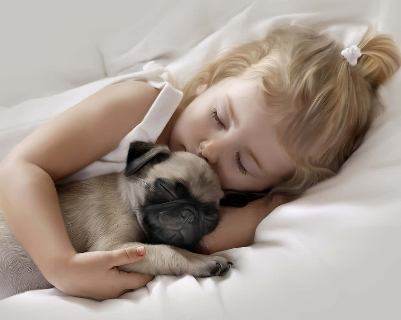 Little Girl And Her Pug Dog Background