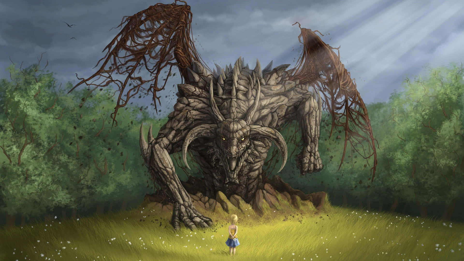 Little Girl And Scary Dragon Painting Background