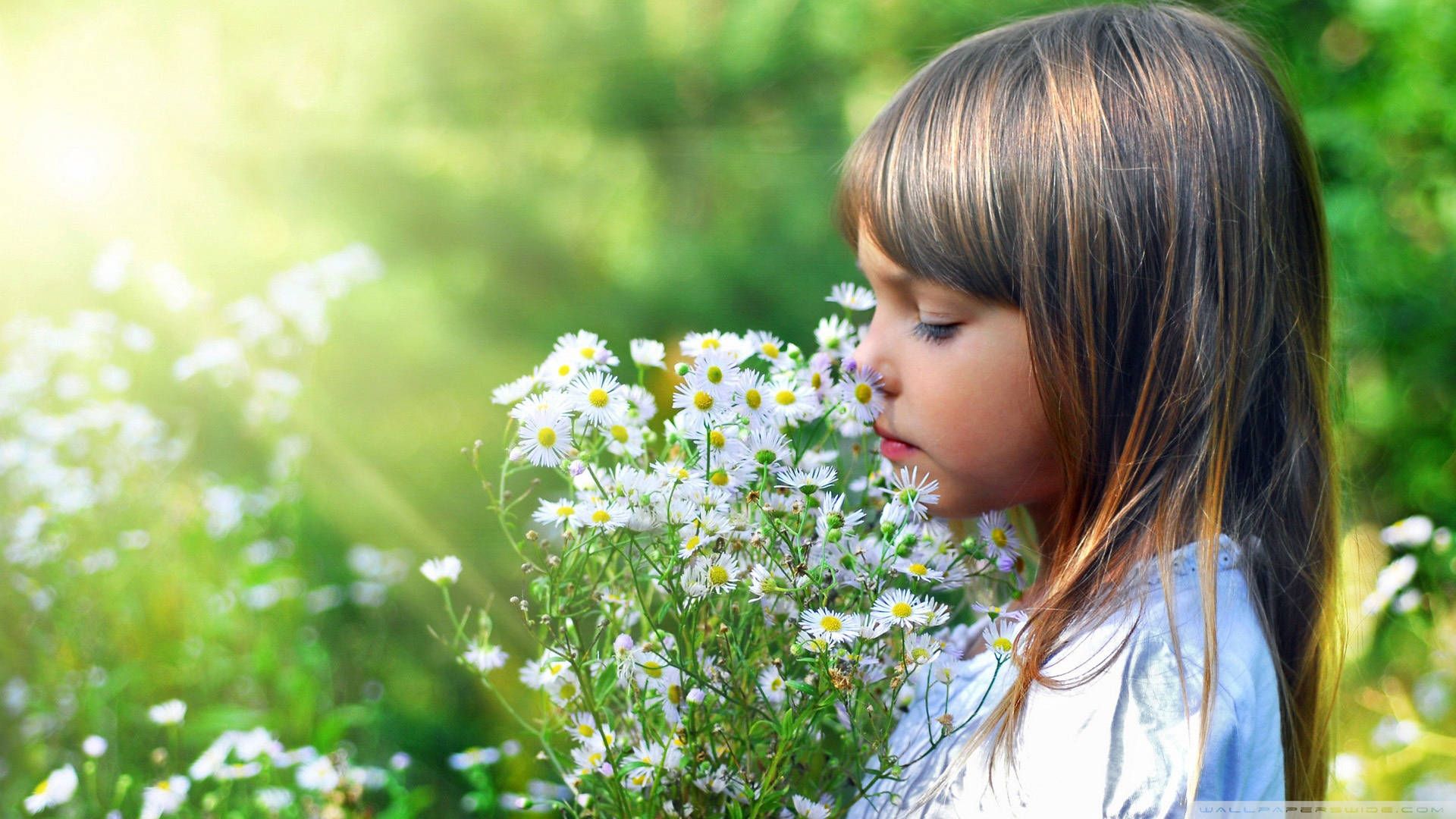 Little Girl Child Holding Flowers Bouquet