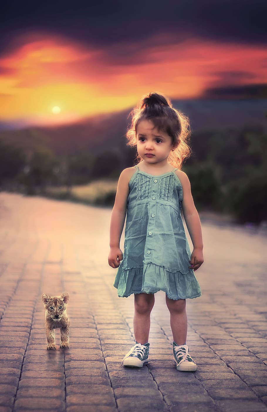 Little Girl Child With Tiger Cub Background