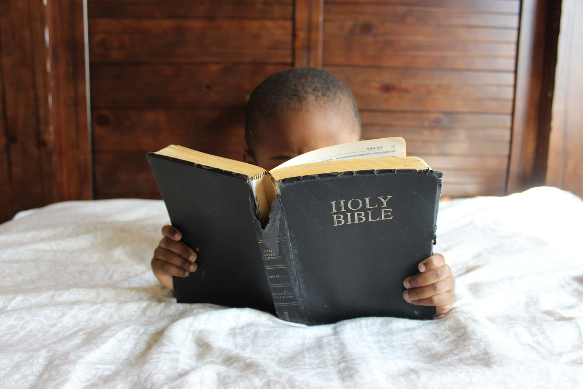 Little Girl Reading The Holy Bible Background