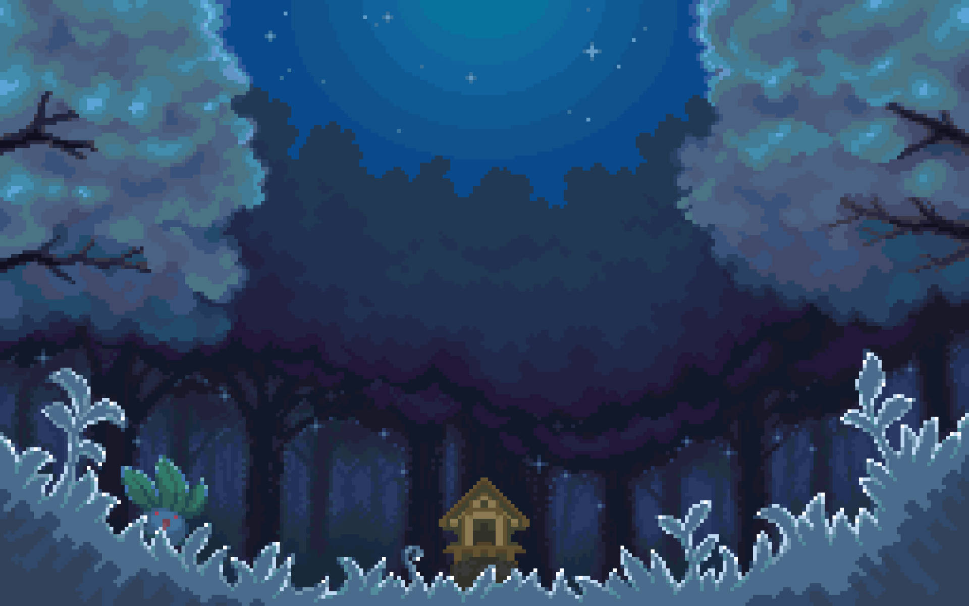 Little House In An Aesthetic Pixel Art Forest Background