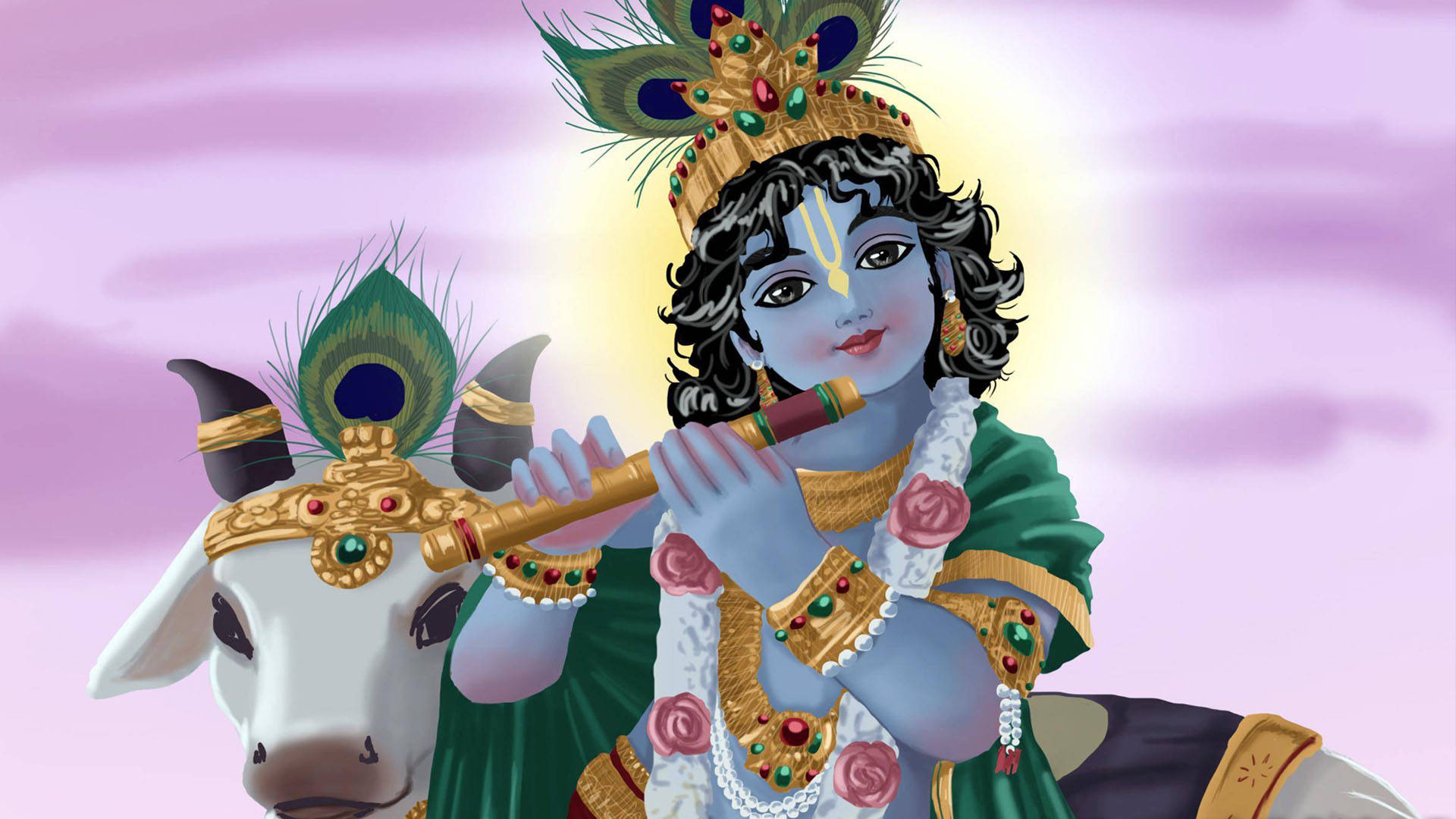 Little Krishna And White Cow Background
