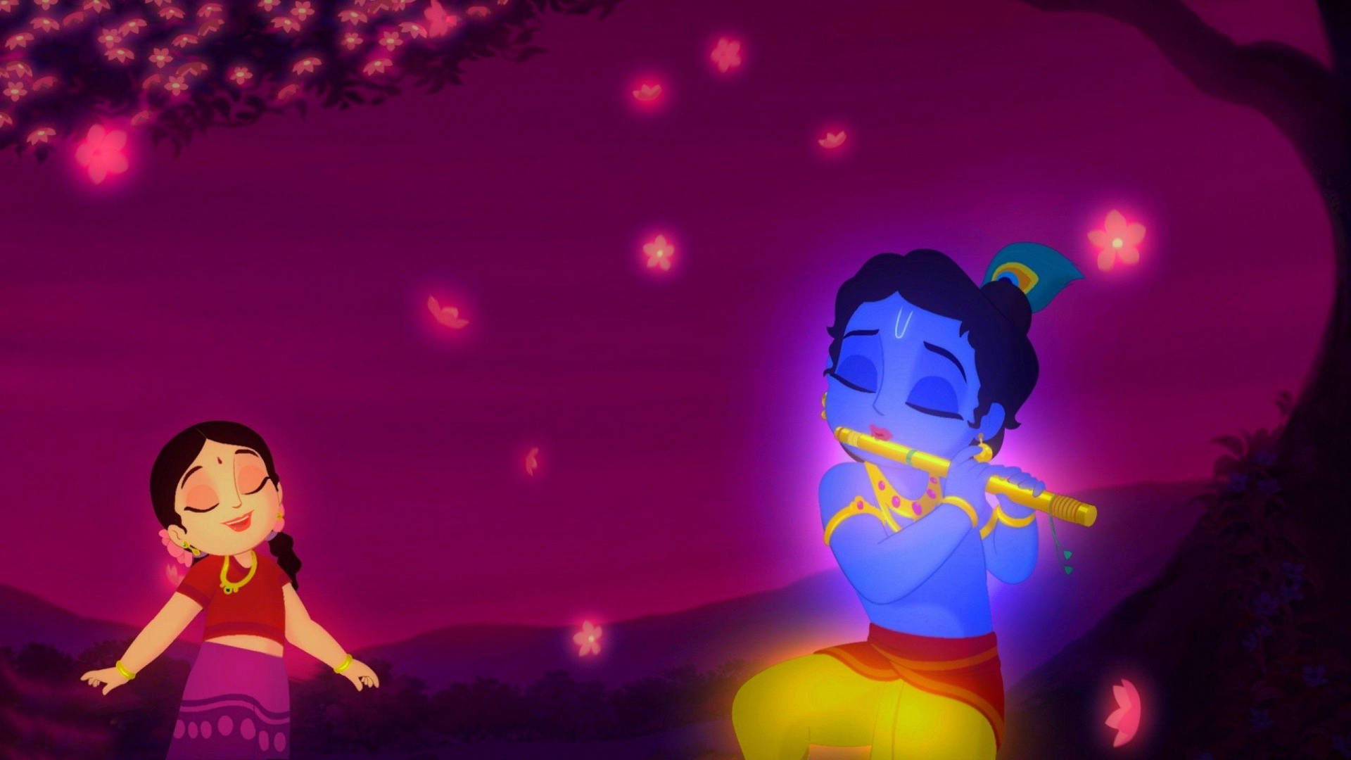 Little Krishna Hd Glowing Radha Pink Aesthetic Background