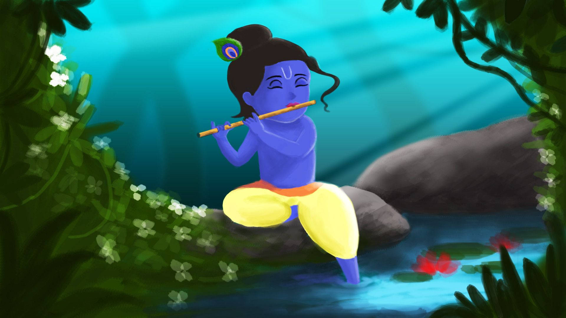 Little Krishna Hd Playing Flute On Tree Root Background