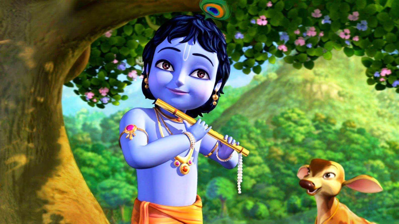 Little Krishna Hd Playing Flute With Deer Background