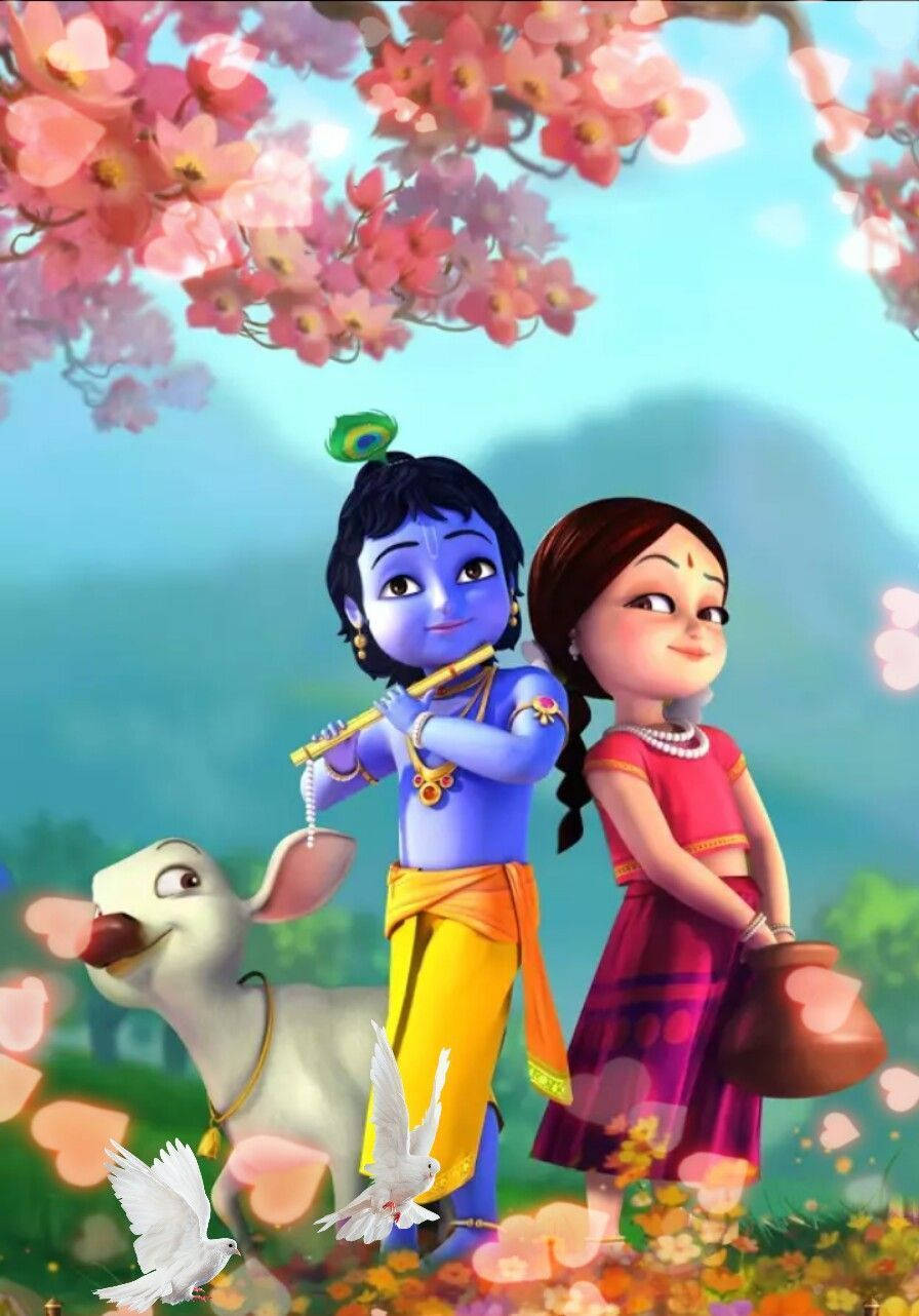 Little Krishna Hd Radha And Cow Pink Tree Background